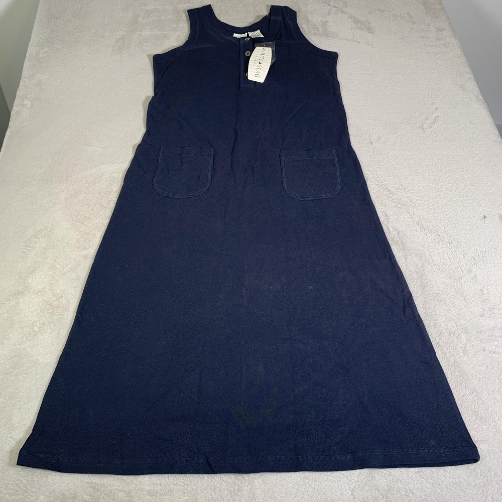 Vintage White Stag Dress Womens Large Blue Henley Tank Knit Pockets Cotton NEW